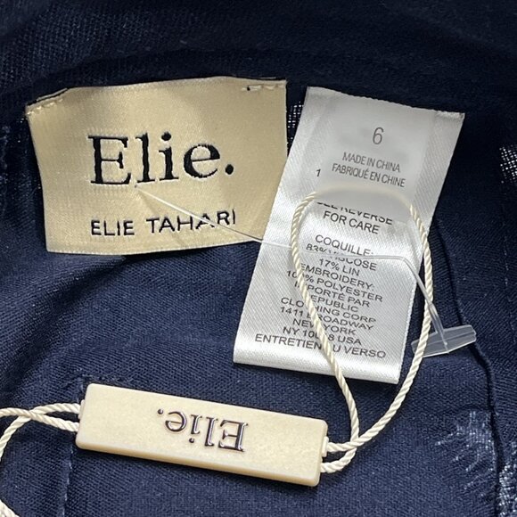 Elie Tahari Pants Women 6 Blue Linen White Palm Tree Embroidered Wide Leg Resort - Picture 5 of 9